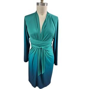 Y2k Vtg Moda International SPandex Green/Blue Wrap Dress Sz M kimono Sleeves